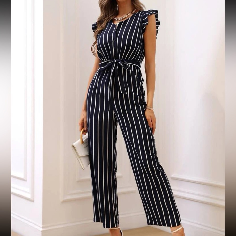 Navy and White Striped Jumpsuit